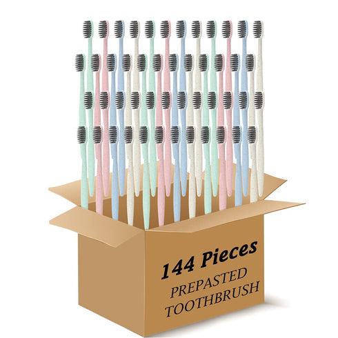 DR PERFECT Prepasted Wheat Charcoal Toothbrush - Individually Wrapped with Sealed Paper Bag, Pack of 144