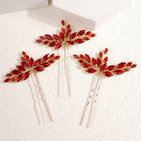 Kercisbeauty 3pcs Red Crystal Hair Piece Set Rhinestones Hair Pins for Wedding Brides Bridesmaid Women Girls Speical Occasion Jewelry for Updo Hair (Red)
