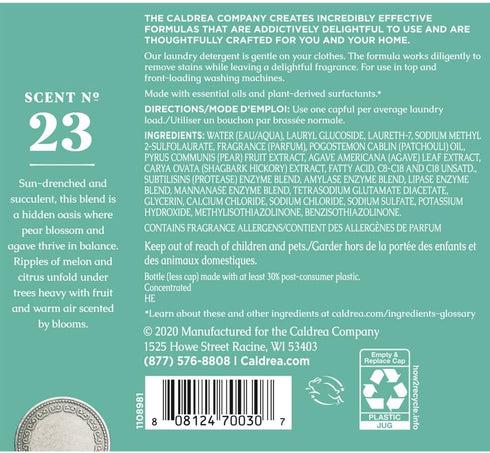 Caldrea Liquid Laundry Detergent, Effective for all Fabrics and all Temperatures, Pear Blossom Agave Scent, 64 oz