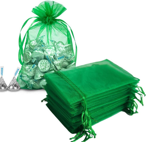 100pcs 4x6 inch Gifts Wrap Bags - Green Organza Sheer Fabric Bulk, Drawstring Reusable Pouch for Baby Shower Favor