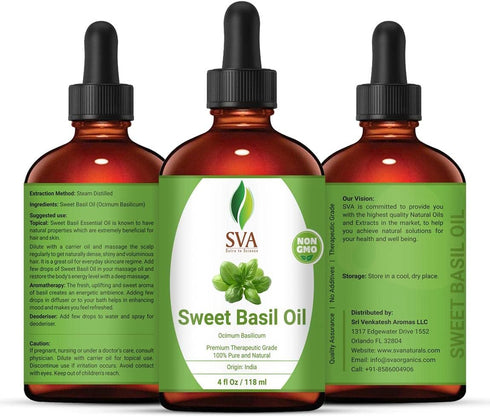 SVA Sweet Basil Oil 4 Oz - 100% Pure Natural Therapeutic Grade for Skin, Hair, Deep Massage, Diffuser & Aromatherapy