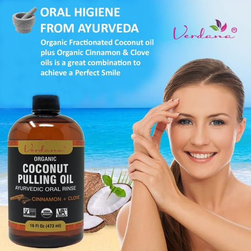 Verdana Organic Coconut Pulling Oil, Big 16 Fl Oz Size, Cinnamon + Clove, Ayurvedic Mouthwash, Alcohol & Fluoride Free