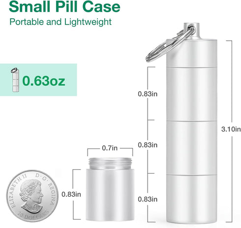 Opret Keychain Pill Holder, Waterproof Small Metal Pill Case with 3 Compartments for Travel (Silver)