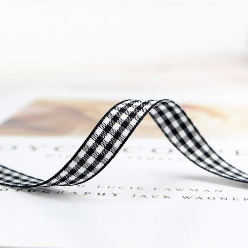 Midi Gingham Ribbon 3/8 Inch Black and White, 50 Continuous Yards Polyester Woven Edge Buffalo Plaid for Crafts