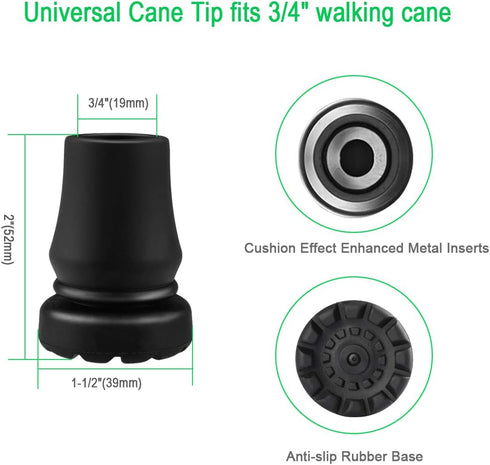 Cane Tips, 2 Pack Nonslip Rubber Universal Walking Cane Tip Replacement Foot for 3/4" Walking Stick