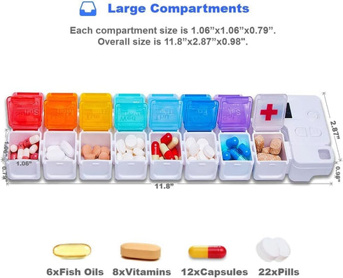 7 Day Pill Organizer with 4 Reminder Alarms, Loud Sound, 14 Large Compartments, Moisture-Proof Design