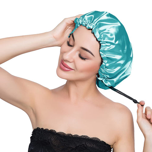 Stain Bonnet Silky Adjustable Satin Sleep Cap for Night Sleeping Hair Bonnet, Reversible Peacock Blue/Black