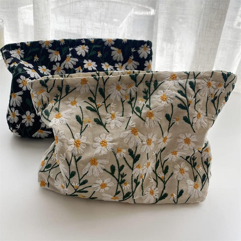 PAZIMIIK Makeup Bags for Purse - Large Zipper Cosmetic Pouch, Travel Canvas Organizer Tool for Women and Girls (Daisy