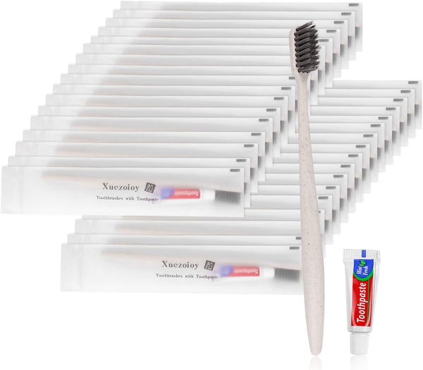 Disposable Toothbrushes with Toothpaste, 30 Pack Apricot Individually Wrapped Travel Toothbrushes Kit
