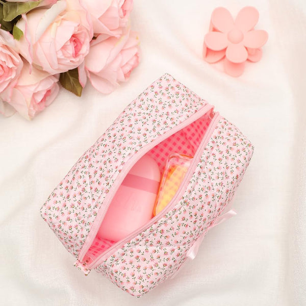 Quilted Makeup Bag, Floral Cosmetic Bag, Cute Handmade Aesthetic Pink Toiletry Bag for Women, Flower Coquette