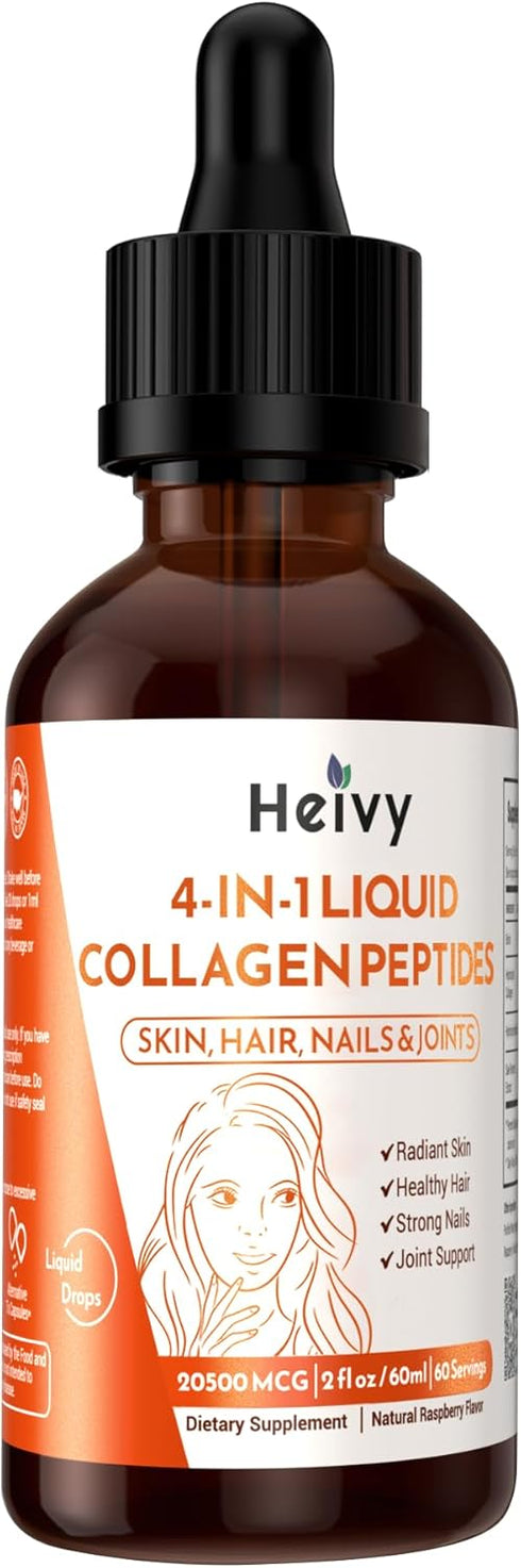 Liquid Collagen for Women, 4-in-1 Collagen Peptides with Biotin, 25000 MCG Drops, Raspberry Flavor