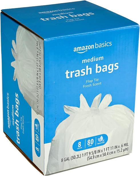 Amazon Basics 8 Gallon Flap Tie Trash Bags, 80 Count, Fresh Scent