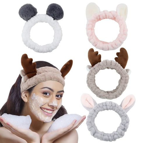 AHONEY Animals Ears Headbands - Cute Fuzzy Skincare Headband for Washing Face, Coral Fleece Hair Band (4Pcs)