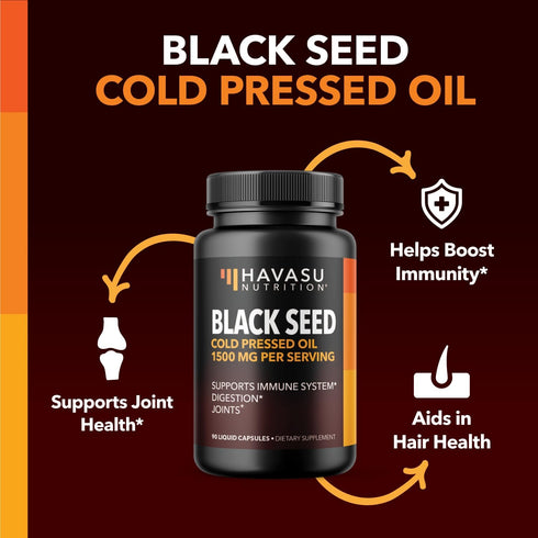 Black Seed Oil Nigella Sativa Cold-Pressed Capsules, 1500mg for Immune Support, 90 Vegetarian Capsules