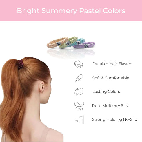 Soft Mulberry Silk Non Slip Colorful Scrunchies 4 Pack | Thin Elastic Ponytail Hair Ties for Girls | No Crease or Damage