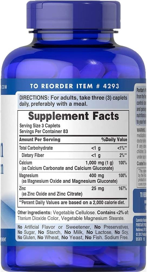 Puritan's Pride Chelated Calcium Magnesium Zinc, Plays a Role in Bone Health and Helps Support Immune Function, 250 Count