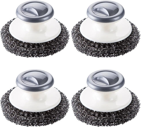 4 Pcs Stainless Steel Wool Scrubber with Handle, Cleaning Supplies for Dishes, Pots, Pans, Grills