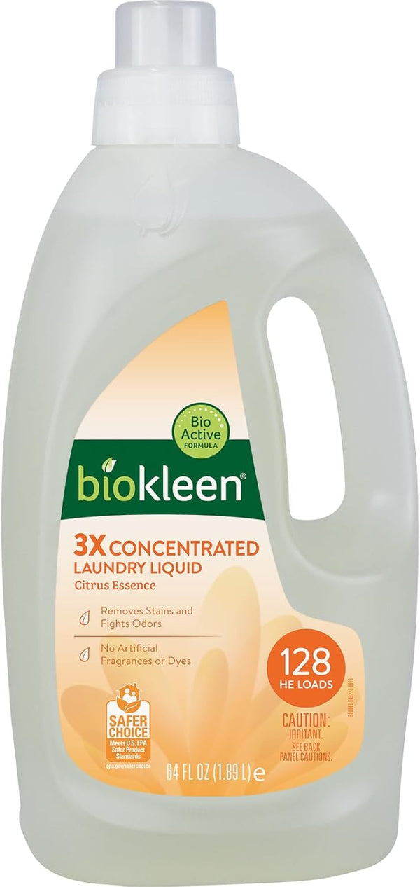 Biokleen Laundry Detergent, 128 HE Loads, Citrus Essence, 64 Fl Oz, Eco-Friendly, Plant-Based, No Artificial Fragrance