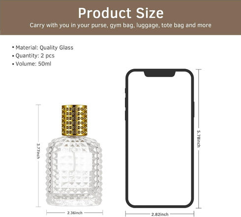 2 Pack 50ml Refillable Spray Perfume Bottles, Empty Clear Perfume Atomizer, Portable Perfume Mist Spray Bottle Travel Perfume Dispenser (50ML, Gold & Silver) by HXRYAGi