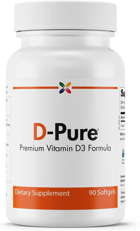 Stop Aging Now D-Pure Formula 125 MCG, Premium Vitamin D3 5000 IU with Safflower Oil, 90 Softgels