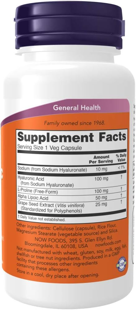 NOW Supplements, Hyaluronic Acid 100 mg, Double Strength with L-Proline, Alpha Lipoic Acid and Grape Seed Extract, 60 Veg Capsules