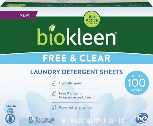 Biokleen Laundry Detergent Sheets, Free & Clear, Hypoallergenic Enzymatic Cleaning, 50 Sheets, 100 Loads