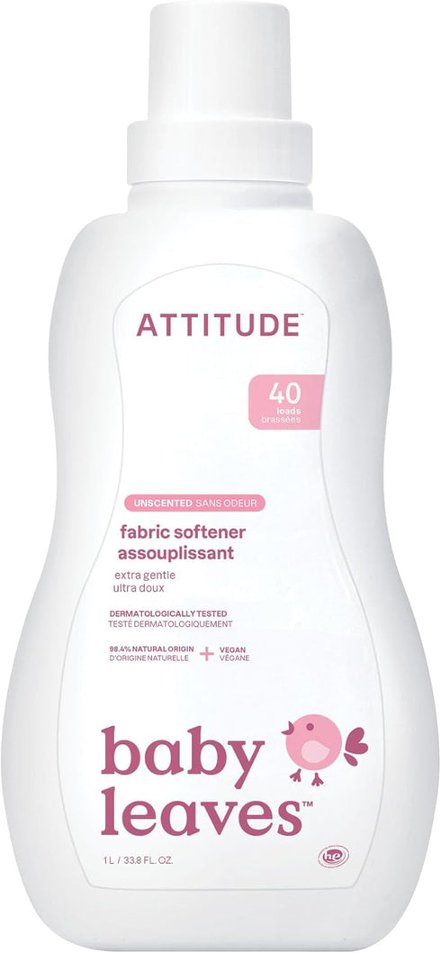 ATTITUDE Baby Fabric Softener, Plant-Based Ingredients, Unscented, 40 Loads, 33.8 Fl Oz