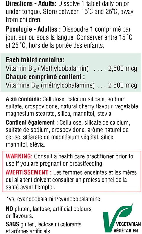 Jamieson Vitamin B12 2,500 mcg (METHYLCOBALAMIN), 60 Sublingual Tablets