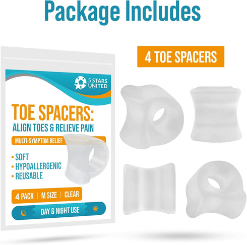 5 STARS UNITED Big Toe Spacers – 4 Gel Separators for Bunions, Overlapping Toes, Alignment, Diabetic Foot Care, Clear