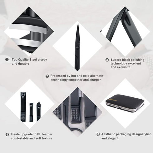 Manicure Set, Travel Mini Nail Clippers Kit, 10pcs Stainless Steel Grooming Tools (Black)