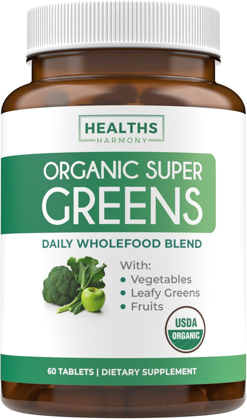 USDA Organic Greens Powder | 60 Tablets - Complete Superfood Supplement with 28 Fruits & Vegetables, Energy, Gut