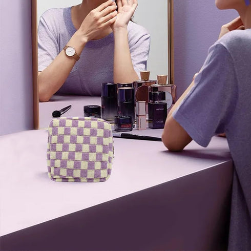 Small Makeup Bag for Purse, Mini Checkered Cosmetic Zipper Pouch, Travel Organizer for Women and Girls