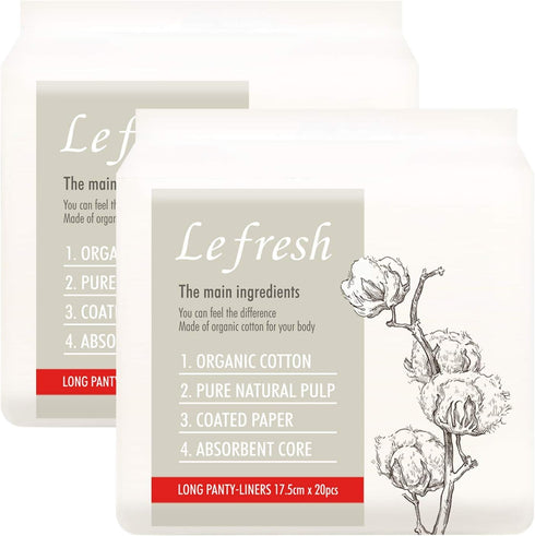 Lefresh Organic Cotton Cover Panty Liners - Long, 40 Count, Unscented, Vegan, Chlorine Free, Light Absorbency