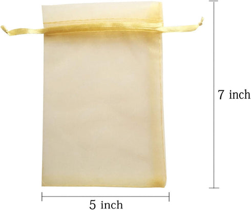 100pcs 5x7 inch Gold Gifts Wrap Bags, Organza Sheer Fabric Bulk, Drawstring Reusable Pouch for Baby Shower Favor, Craft