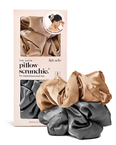 Kitsch Satin Hair Scrunchies for Women - 2 pcs (Black/Gold) - Softer Than Silk