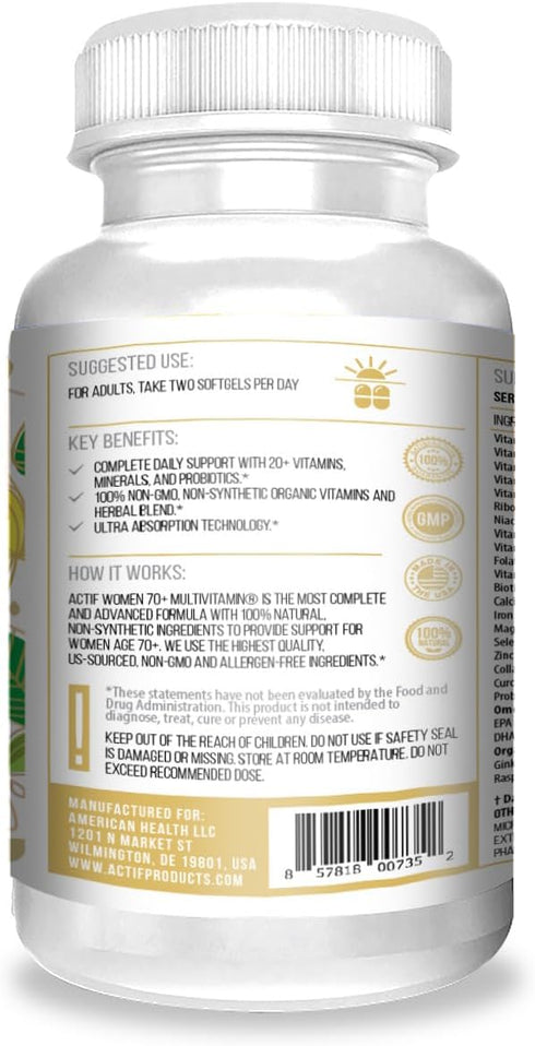 ACTIF Organic Multivitamin for Women Age 70+, 90 Count, Non-GMO, Made in USA, 20+ Advanced Factors
