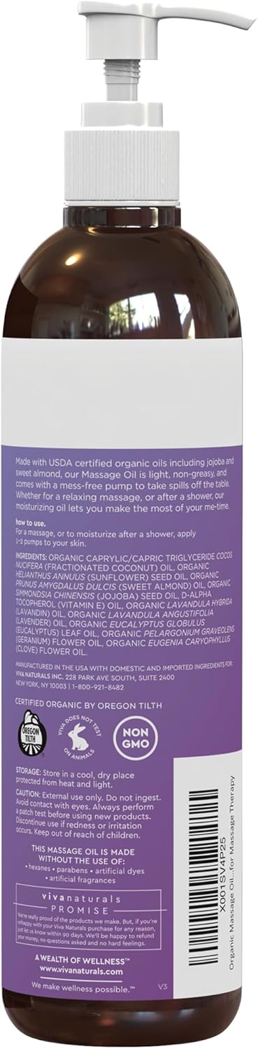 Viva Naturals Organic Massage Oil, 8 fl. oz., Lavender Scented Relaxing Body Massage Oil