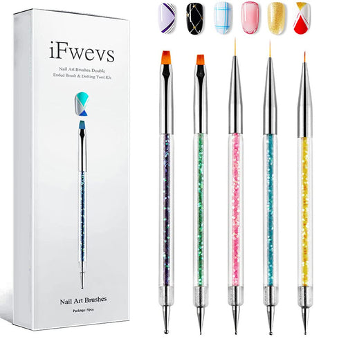 Nail Art Brushes 5pcs Double Ended Brush & Dotting Tool Kit, Including Nail Liner Brush and Dotting Pens for Nail Art