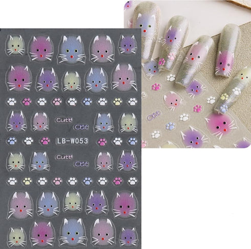 5D Embossed Nail Stickers with Tweezer, 4 Sheets Self-Adhesive Cute Cat Pattern Nail Art Supplies for Women