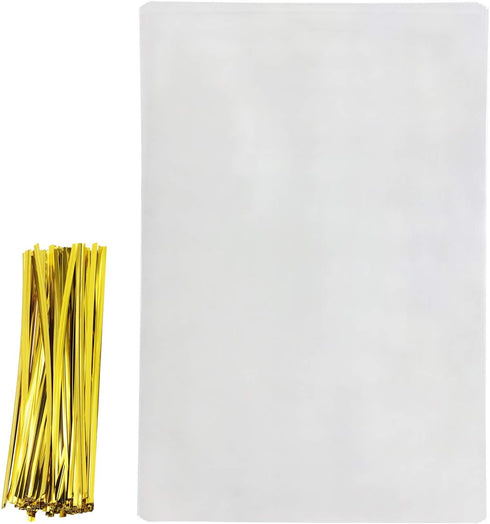Mini Skater 8" x 12" Clear Treat Bags with 50Pcs Gold Color Twist Ties for Wedding Gift Candy Cookie Bakery, 50Pcs