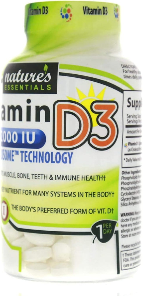 NATURE'S ESSENTIALS Vitamin D3 2000IU, Immune Support, Non-GMO, Gluten Free, Vegetarian, 100 Tablets