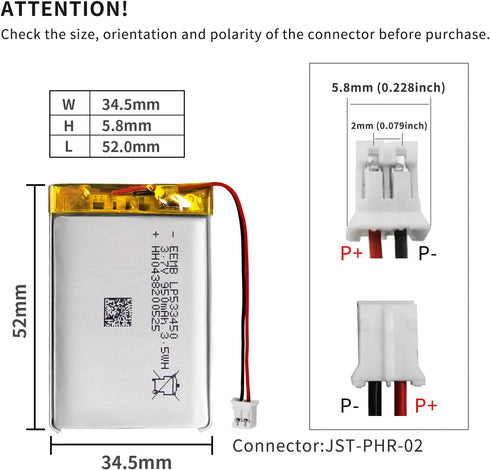EEMB 3.7V 950mAh Lithium Polymer Battery, Rechargeable with JST 2.0mm Connector for Speaker, Wireless Device