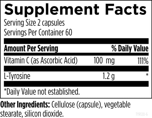 Designs for Health L-Tyrosine 1200mg, Tyrosine + 100mg Vitamin C Supplement, 120 Capsules