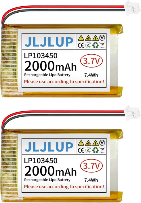 JLJLUP 2Pcs 3.7V Lipo Battery 2000mAh Rechargeable Lithium Polymer Batteries Pack with PH