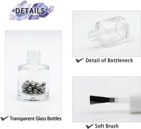 6PCS Empty Nail Polish Bottles with Brush, 10ML Clear Glass Refillable Bottles with Mixing Beads & Funnels