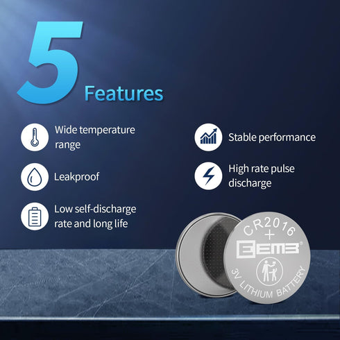 EEMB 5 Pack CR2016 Battery, 3V Lithium Button Coin Cell Batteries for Key FOBs, Watches, Toys
