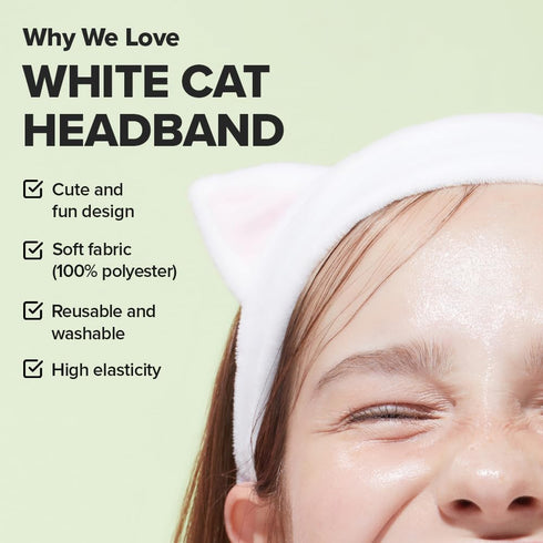 I DEW CARE Face Wash Headband - White Cat Design for Washing, Cleansing, Spa, Quick Dry, Reusable