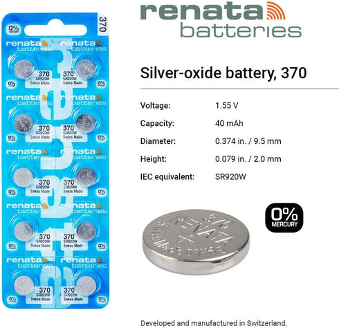 Renata 370 SR920W 1.55V 370 (2 Count) Batteries - Silver Oxide Watch Battery