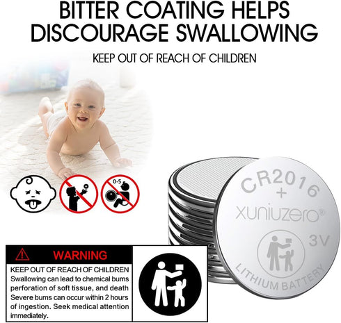 XUNIUZERO CR2016 3V 12 Pack 7 Lithium Batteries for Child Safety, Compatible with Remotes, Key Fobs, Glucose Monitors