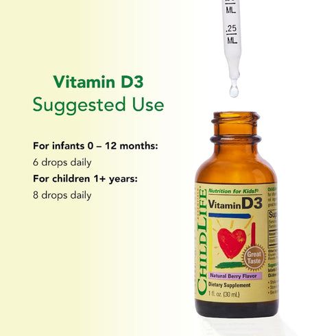 CHILDLIFE ESSENTIALS Vitamin D3 Drops for Kids, 500 IU per Drop, Natural Berry - 1 Fl Oz (Pack of 3)